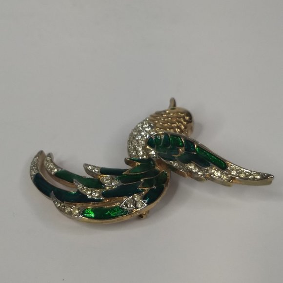 Bird Parrot Pin Brooch Green White Costume Jewelry Vintage Gold Tone Rhinestone - Picture 5 of 14